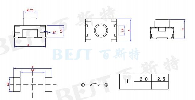 輕觸開(kāi)關(guān)3×4_TS-1185U_參考圖紙